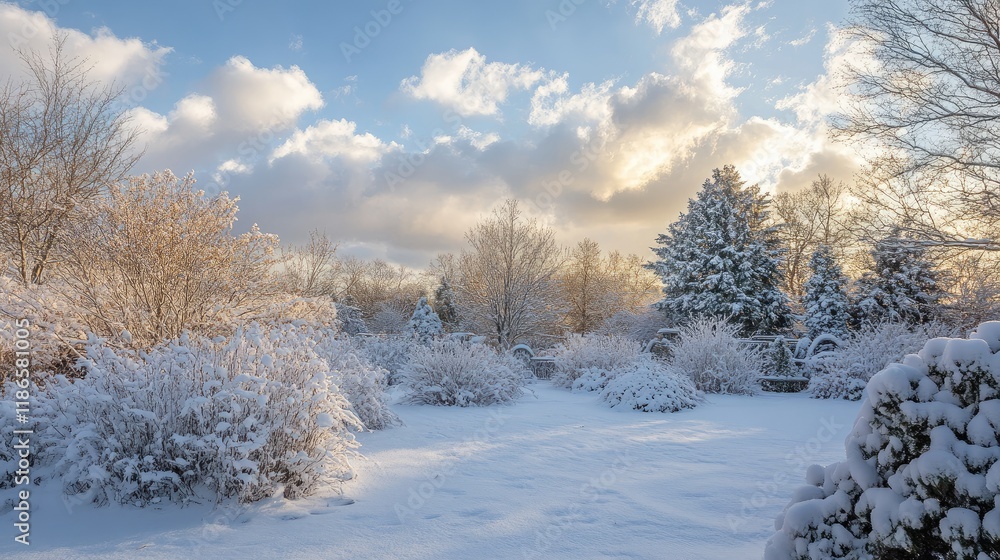 Serene Winter Landscape with Snow-Covered Trees and Clouds in a Tranquil Garden Setting Serene Winter Landscape with Snow-Covered Trees and Clouds in a Tranquil Garden Setting