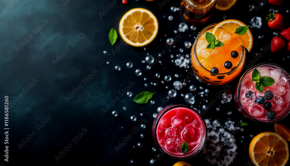 Fototapeta premium Fruity Bubble Tea. A dark background with bubbles and mint in cups filled with various colored fruit drinks
