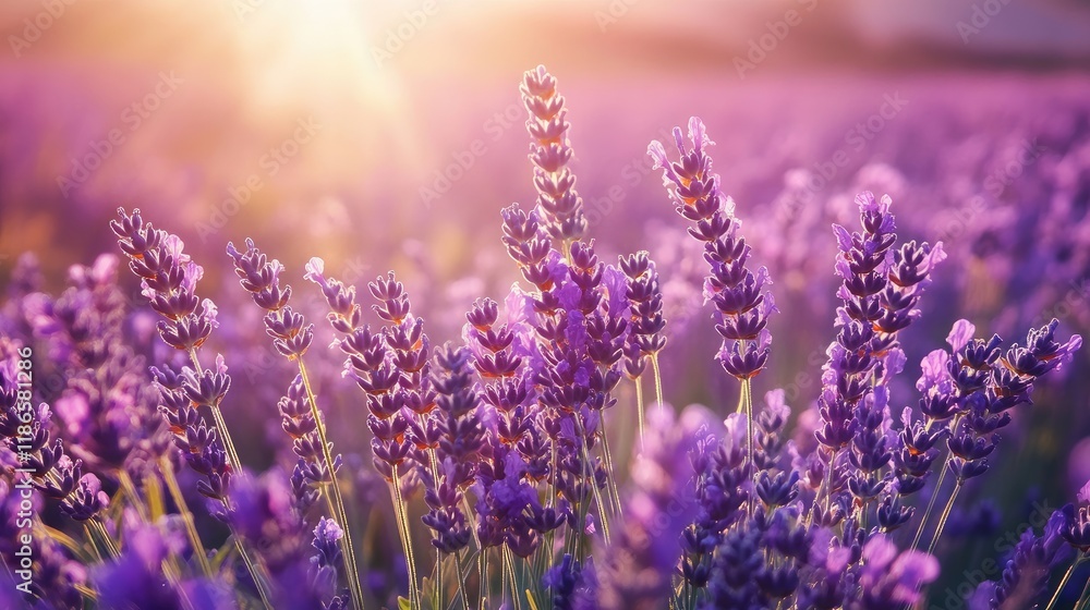 Naklejka premium Vibrant lavender field at sunset with soft sunlight illuminating blooming flowers in a serene natural landscape