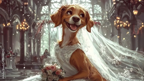 Joyful Golden Retriever in Charming Wedding Dress with Floral Accents and Flowing Veil photo