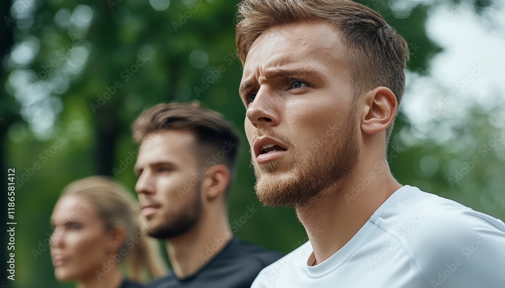 Focused athletes prepare for a run in the park. Focused athletes prepare for a run in the park.