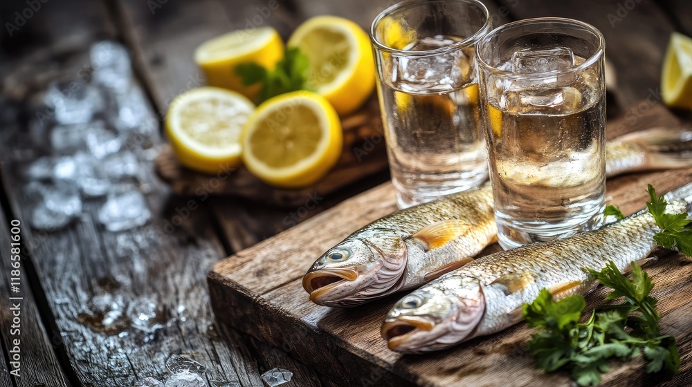 Vodka glasses with ice beside fresh fish and lemon slices on a rustic wooden table showcasing a culinary dining experience Vodka glasses with ice beside fresh fish and lemon slices on a rustic wooden table showcasing a culinary dining experience