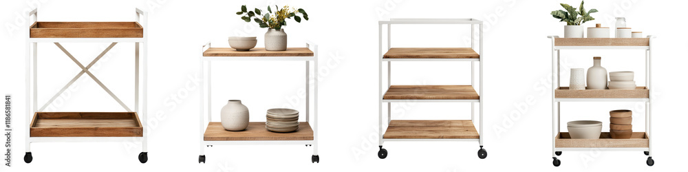 Stylish and versatile open shelving units on wheels for organizing and displaying items in home office or any living spaces Stylish and versatile open shelving units on wheels for organizing and displaying items in home office or any living spaces