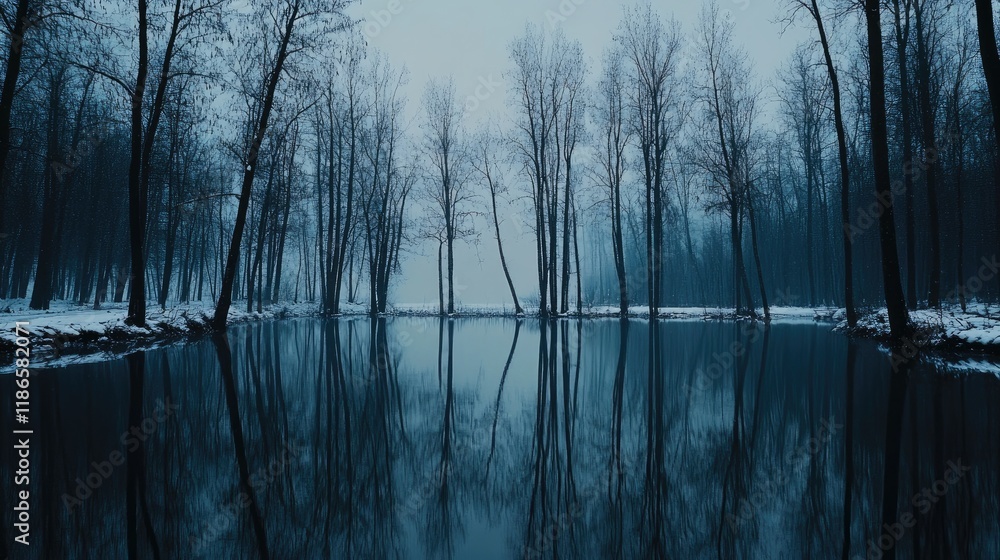 Winter forest landscape with foggy river reflection and bare trees creating a serene and tranquil atmosphere in nature. Winter forest landscape with foggy river reflection and bare trees creating a serene and tranquil atmosphere in nature.