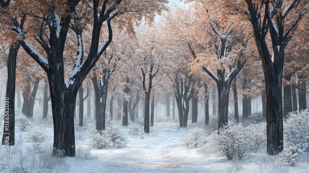 Serene winter forest landscape with snow covered trees and soft golden foliage creating a tranquil nature scene in a snowy setting Serene winter forest landscape with snow covered trees and soft golden foliage creating a tranquil nature scene in a snowy setting