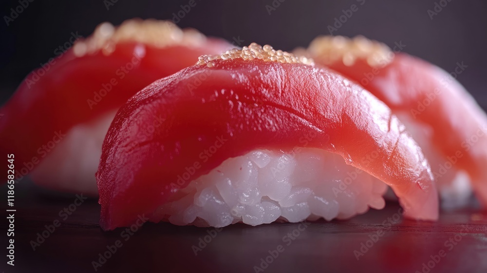 Freshly prepared tuna nigiri sushi with bright red fish over seasoned rice garnished with a sprinkle of delicate toppings. Freshly prepared tuna nigiri sushi with bright red fish over seasoned rice garnished with a sprinkle of delicate toppings.