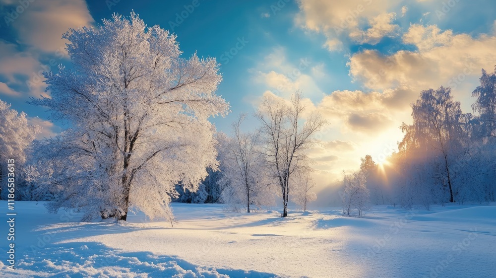 Serene winter landscape with frosted trees and a stunning sunset over a snowy meadow in a tranquil natural setting Serene winter landscape with frosted trees and a stunning sunset over a snowy meadow in a tranquil natural setting