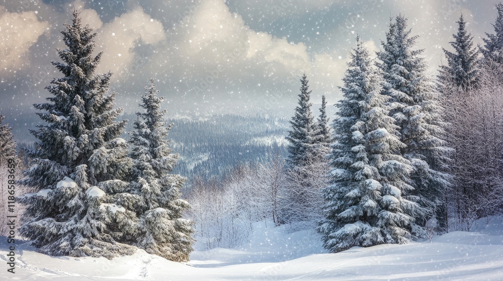 Winter wonderland scene featuring snow-covered cedars and fir trees under cloudy skies with falling snowflakes amidst a serene landscape. Winter wonderland scene featuring snow-covered cedars and fir trees under cloudy skies with falling snowflakes amidst a serene landscape.