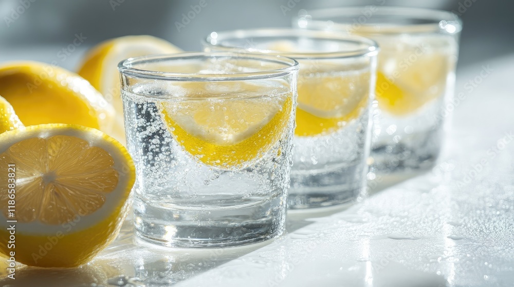 Vodka shots served with fresh lemon slices on a bright white background creating a refreshing cocktail presentation Vodka shots served with fresh lemon slices on a bright white background creating a refreshing cocktail presentation