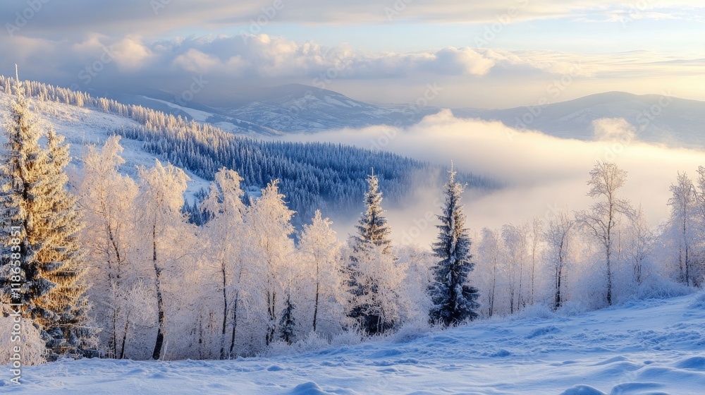 Serene winter landscape with frosted trees and mountains under a vibrant morning sky Serene winter landscape with frosted trees and mountains under a vibrant morning sky