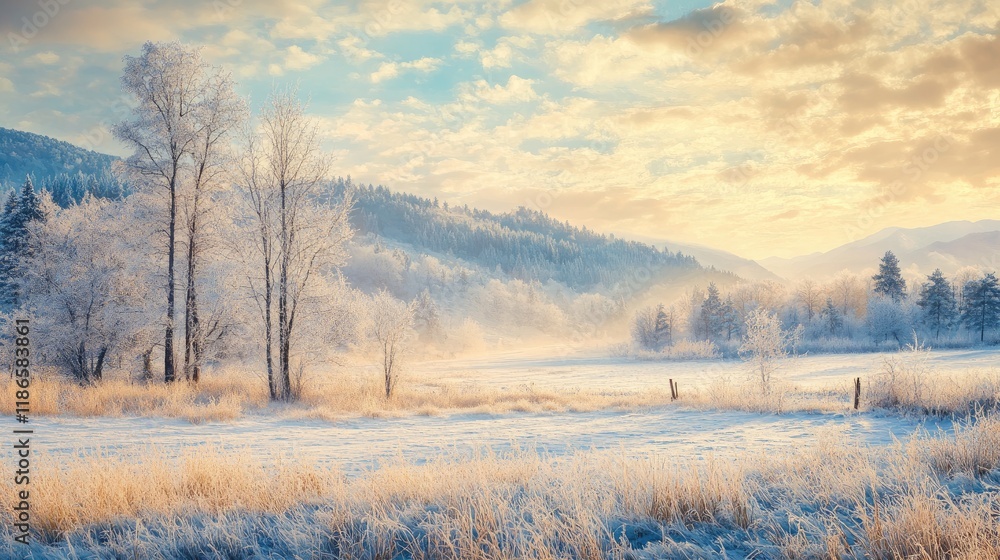 Winter morning in mountains serene frost landscape with trees under a colorful sky and snow-covered field in tranquil nature setting Winter morning in mountains serene frost landscape with trees under a colorful sky and snow-covered field in tranquil nature setting