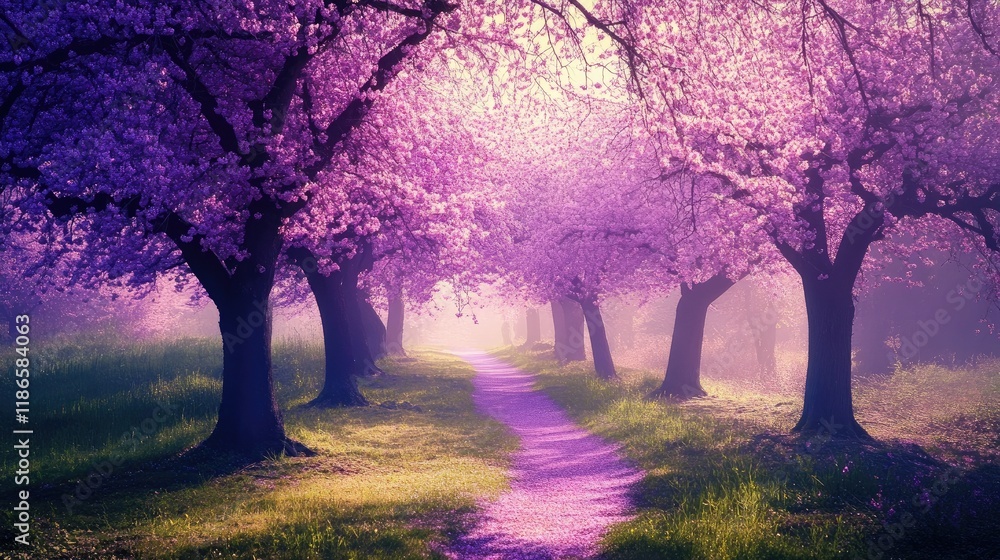 Blossoming violet trees lining a tranquil spring pathway in a serene landscape with soft lighting and vibrant colors. Blossoming violet trees lining a tranquil spring pathway in a serene landscape with soft lighting and vibrant colors.
