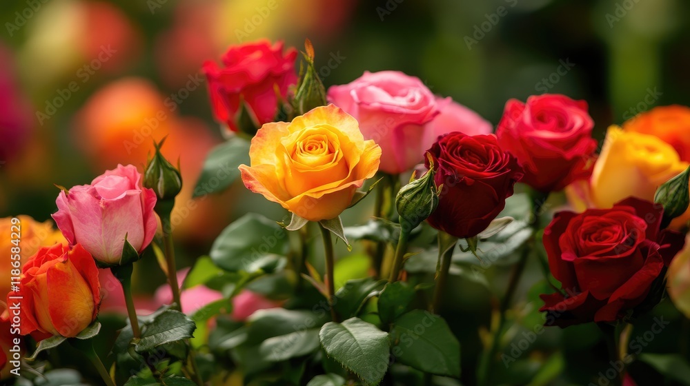 Colorful Arrangement of Fresh Roses with Green Leaves in Blooming Garden Setting Colorful Arrangement of Fresh Roses with Green Leaves in Blooming Garden Setting