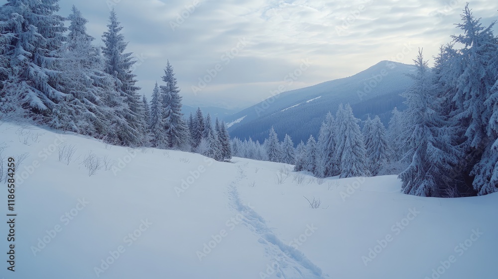 Serene winter landscape featuring snow-covered fir trees and distant mountains under a cloudy sky with a tranquil glade. Serene winter landscape featuring snow-covered fir trees and distant mountains under a cloudy sky with a tranquil glade.