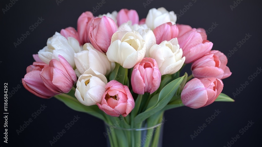 Fototapeta premium Bouquet of colorful tulips in shades of red pink white and lilac showcasing nature's beauty in a stunning floral arrangement