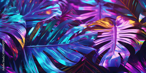Abstract bright glowing neon background with tropical leaves