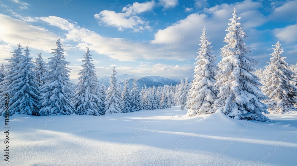Majestic winter landscape featuring snow-covered pine trees under a clear blue sky creating a serene and peaceful atmosphere. Majestic winter landscape featuring snow-covered pine trees under a clear blue sky creating a serene and peaceful atmosphere.