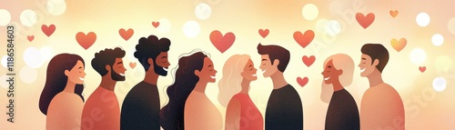 Diverse LGBTQ Couples Celebrating Love with Joyful Expressions and Colorful Hearts in Flat Design Illustration photo