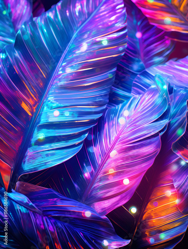 Abstract shiny glitter neon background with tropical leaves
