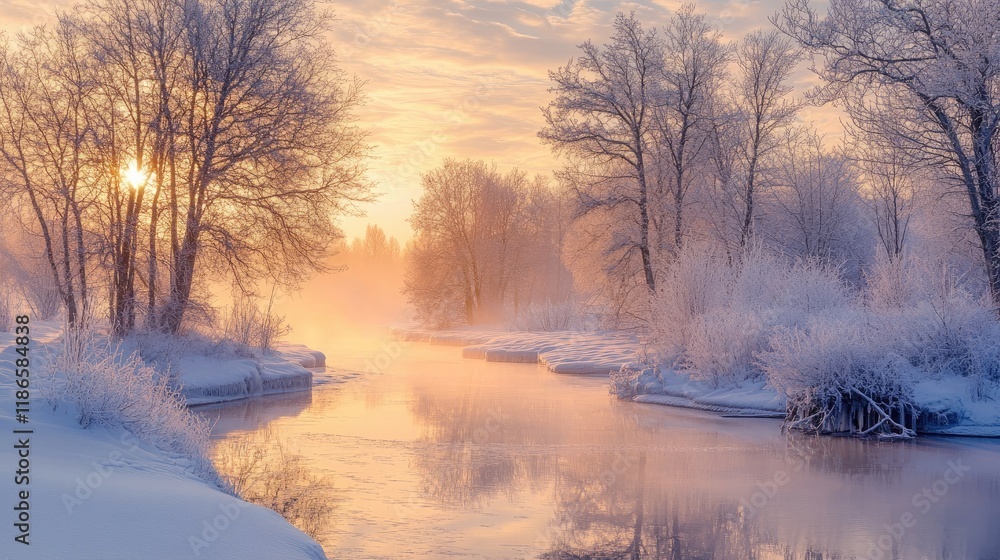 Serene winter landscape with frosted trees and a tranquil river during sunrise in a picturesque morning scene Serene winter landscape with frosted trees and a tranquil river during sunrise in a picturesque morning scene