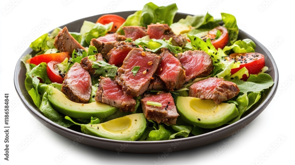 Fresh Tuna Steak Salad with Avocado Slices, Lettuce, and Cherry Tomatoes Served on a Round Plate for Healthy Dining Options Fresh Tuna Steak Salad with Avocado Slices, Lettuce, and Cherry Tomatoes Served on a Round Plate for Healthy Dining Options