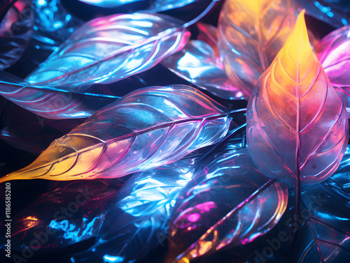 Abstract shiny glitter neon background with tropical leaves