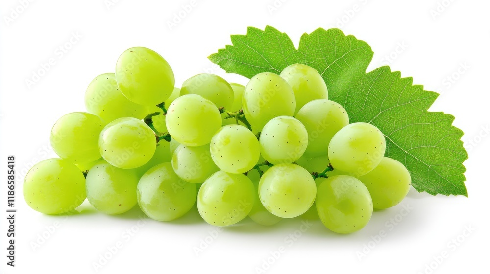 Obraz premium Fresh Green Grapes with Leaves Isolated on White Background for Healthy Food and Nutrition Concepts