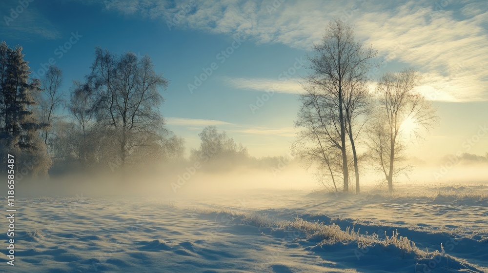 tranquil winter landscape with misty trees and soft sunlight illuminating a snowy field tranquil winter landscape with misty trees and soft sunlight illuminating a snowy field