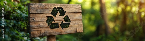 Wooden sign with green recycle symbol, promoting ecoconsciousness and sustainable practices photo