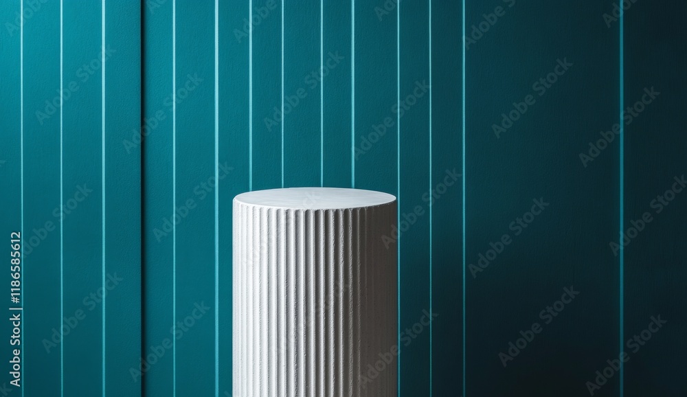 White Fluted Column Stands Against Teal Striped Wall. White Fluted Column Stands Against Teal Striped Wall.