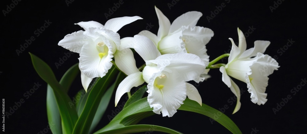 Obraz premium Elegant white orchids with rich green leaves ideal for indoor gardens and expert care tips for thriving houseplants.