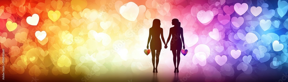 Colorful Flat Illustration of LGBTQ Couples Holding Hands Against a Vibrant Heart Background Colorful Flat Illustration of LGBTQ Couples Holding Hands Against a Vibrant Heart Background