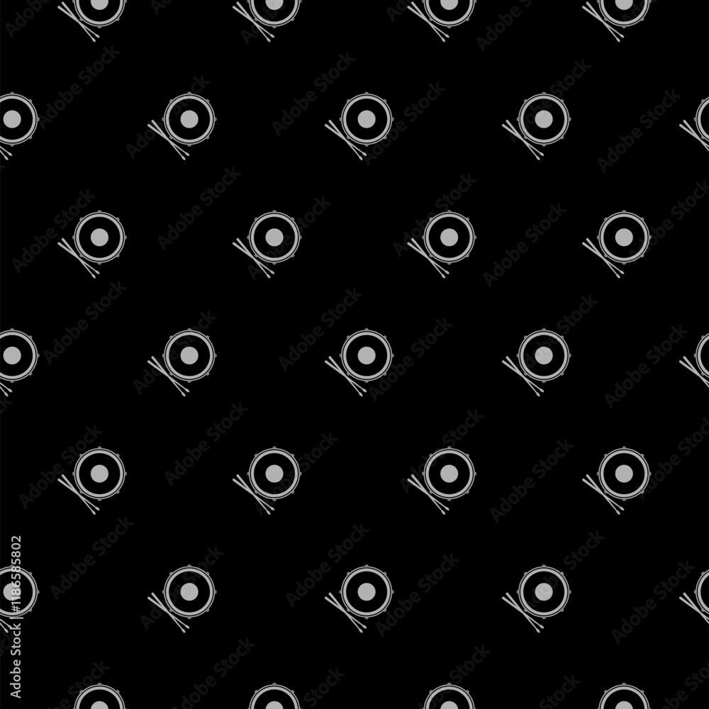 Drum with drum sticks icon isolated seamless pattern on black background Drum with drum sticks icon isolated seamless pattern on black background