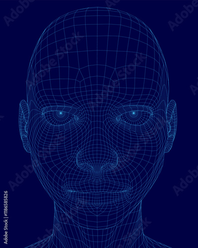 Blue face with a grid pattern on it. The face is very detailed