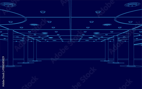Blue background with a hockey rink in the middle. The rink is empty and the lights are on
