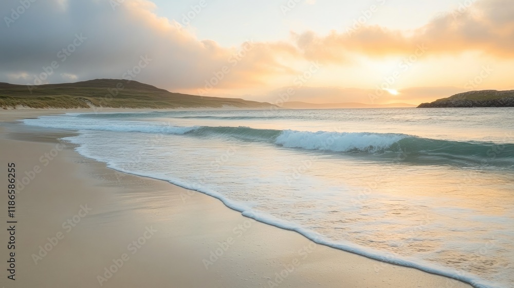 Tranquil seascape with turquoise waves on golden sands illuminated by a pastel sunset sky creating a serene coastal atmosphere Tranquil seascape with turquoise waves on golden sands illuminated by a pastel sunset sky creating a serene coastal atmosphere