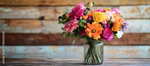 Wallpaper Mural Assorted vibrant floral bouquet in a glass vase atop rustic wooden table showcasing rich colors and elegant arrangement Torontodigital.ca