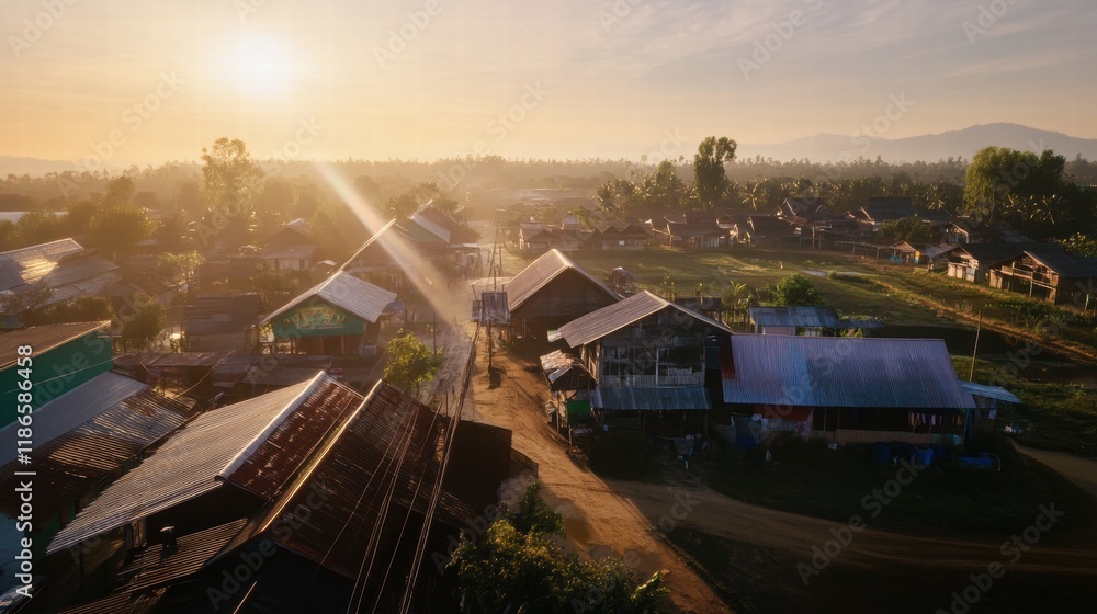 Fototapeta premium Sunrise over the Village: An aerial view captures a tranquil village bathed in the golden light of sunrise. The mist-shrouded landscape and rustic houses create a serene and picturesque scene.