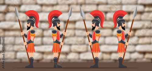 Vector graphic cartoon flat toy simple antique roman soldiers, warriors in armour with spear. Background blurred stone wall. Patrol or security.