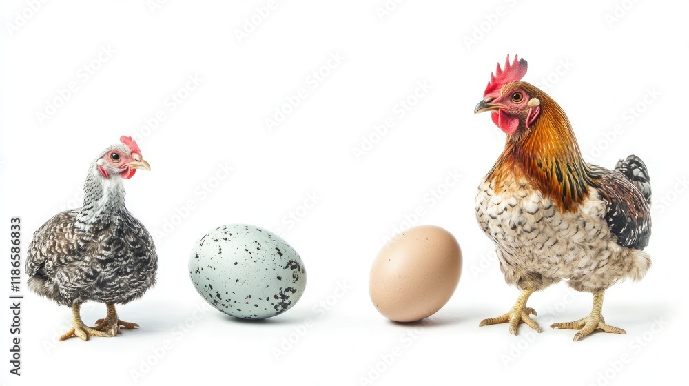 Fototapeta premium Turkey, chicken, and quail eggs displayed alongside poultry birds on a clean white background showcasing different egg varieties.