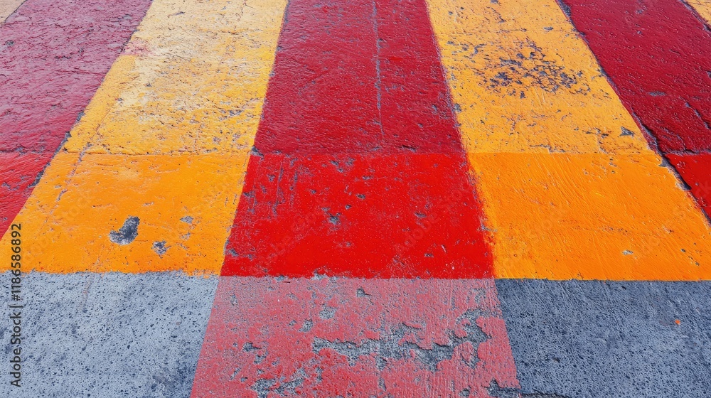 Naklejka premium Colorful Textured Stripes in Red Orange and Yellow on Pavement Surface Urban Art Background