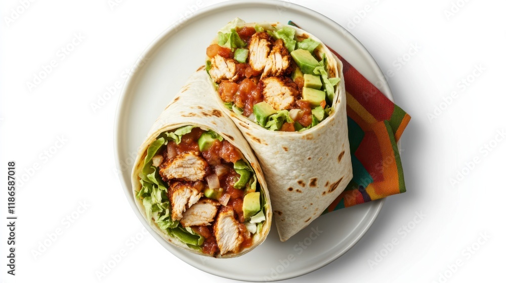 Crispy Chicken Burrito: Two delicious crispy chicken burritos, brimming with fresh lettuce, avocado, and a zesty red salsa, are artfully arranged on a plate, ready to be enjoyed. Crispy Chicken Burrito: Two delicious crispy chicken burritos, brimming with fresh lettuce, avocado, and a zesty red salsa, are artfully arranged on a plate, ready to be enjoyed.