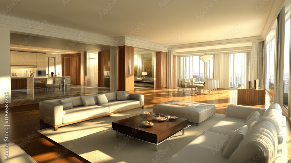 Modern Open-Plan Living Room with Cozy Couches and Natural Light Modern Open-Plan Living Room with Cozy Couches and Natural Light