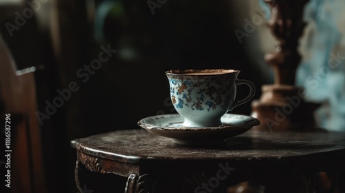 Turkish Coffee Cup on Antique Stand with Floral Design in Dimly Lit Vintage Setting photo