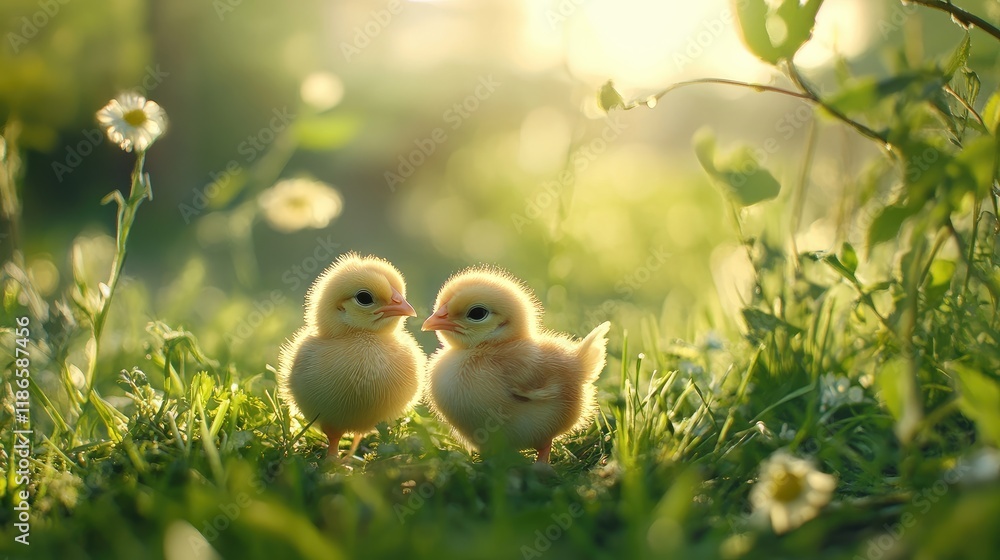 Two adorable baby chicks enjoying warm sunlight in a lush green meadow surrounded by flowers and a serene background ambiance. Two adorable baby chicks enjoying warm sunlight in a lush green meadow surrounded by flowers and a serene background ambiance.