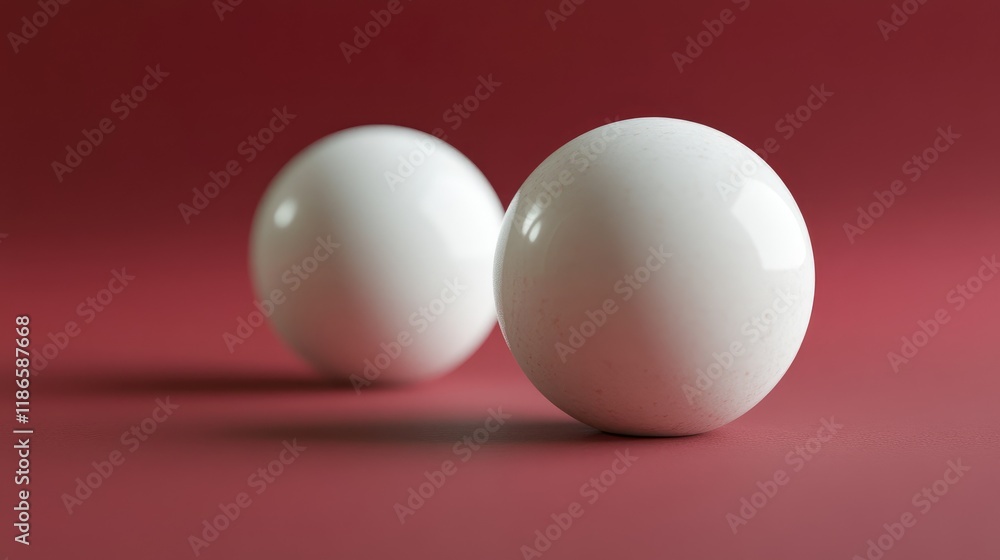 Fototapeta premium Two white spheres positioned with one slightly in front of the other against a red background for minimalistic design concepts.