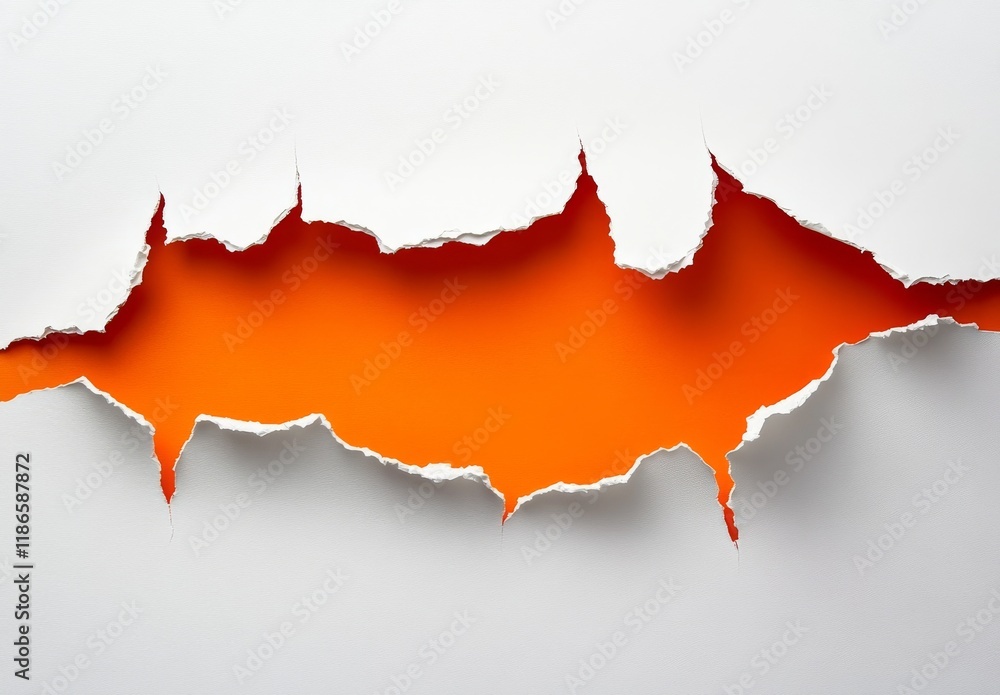 Fototapeta premium White Paper Ripped Open Revealing Vibrant Orange Background underneath