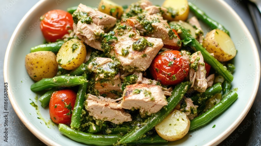 Tuna salad with green beans potatoes and pesto sauce served in a vibrant bowl showcasing a healthy and colorful meal option. Tuna salad with green beans potatoes and pesto sauce served in a vibrant bowl showcasing a healthy and colorful meal option.