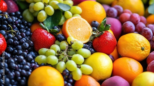 Wallpaper Mural Colorful assortment of fresh fruits including oranges, grapes, strawberries, and more arranged in a vibrant and appetizing display Torontodigital.ca