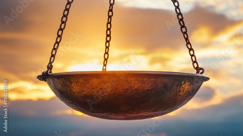 Copper Basin Suspended from Wrought Iron Chains Against Beautiful Sunrise Sky with Empty Copyspace for Text or Graphics photo